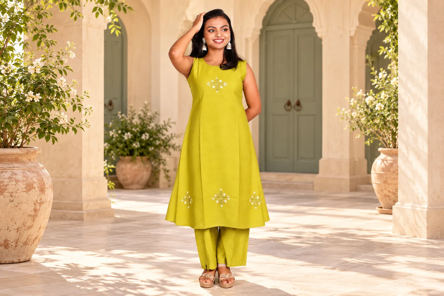 Mustard embroidered co-ord set in a sandstone courtyard