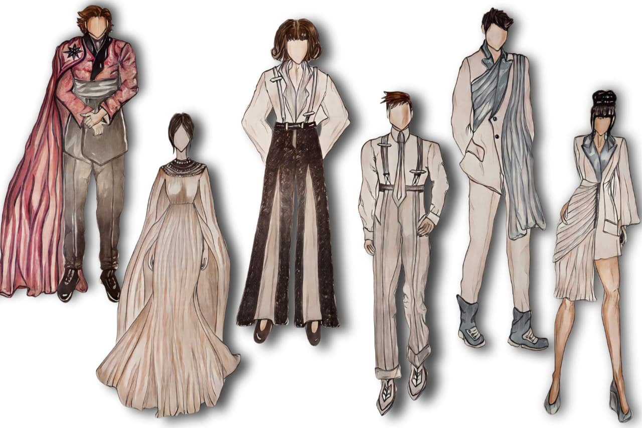 Six fashion illustrations in a neutral palette by Hasina Layek